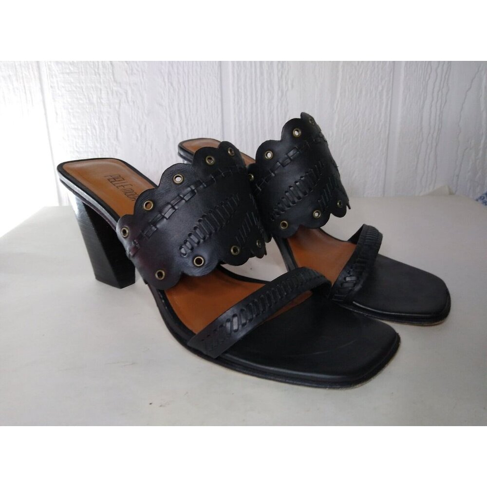 Pelle Moda Sandals Women's Sz 8 Black Open Toe Shoes Strappy Chunky Heel Grommet